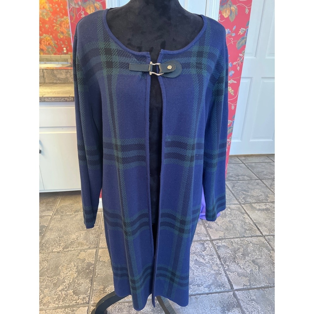 Anne Klein Navy Blue Green Plaid Longline Cardigan Sweater Buckle Closure‎ RG